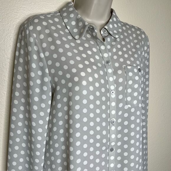 Loft Ann Taylor Gray Polka Dot Button Front Blouse Peter Pan Collar Women Small - Picture 2 of 10